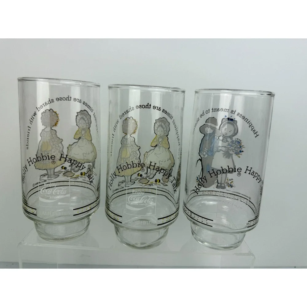 Vintage HOLLY HOBBIE Happy Talk Glasses Happiness & Shared Lot of 3 Coca Cola